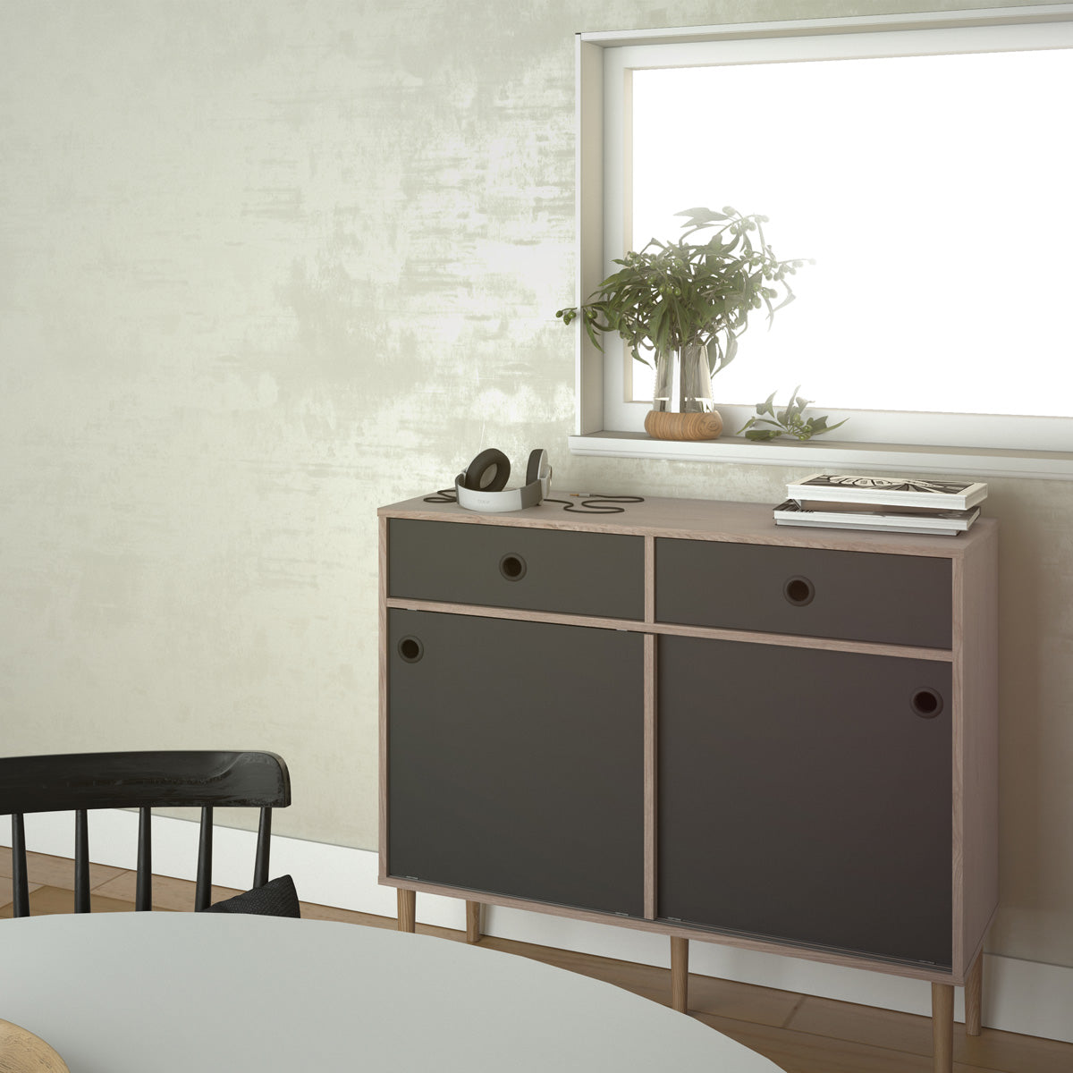 Wooden Sideboard With 2 Sliding Doors And 2 Drawers in Jackson Hickory Oak - Rome