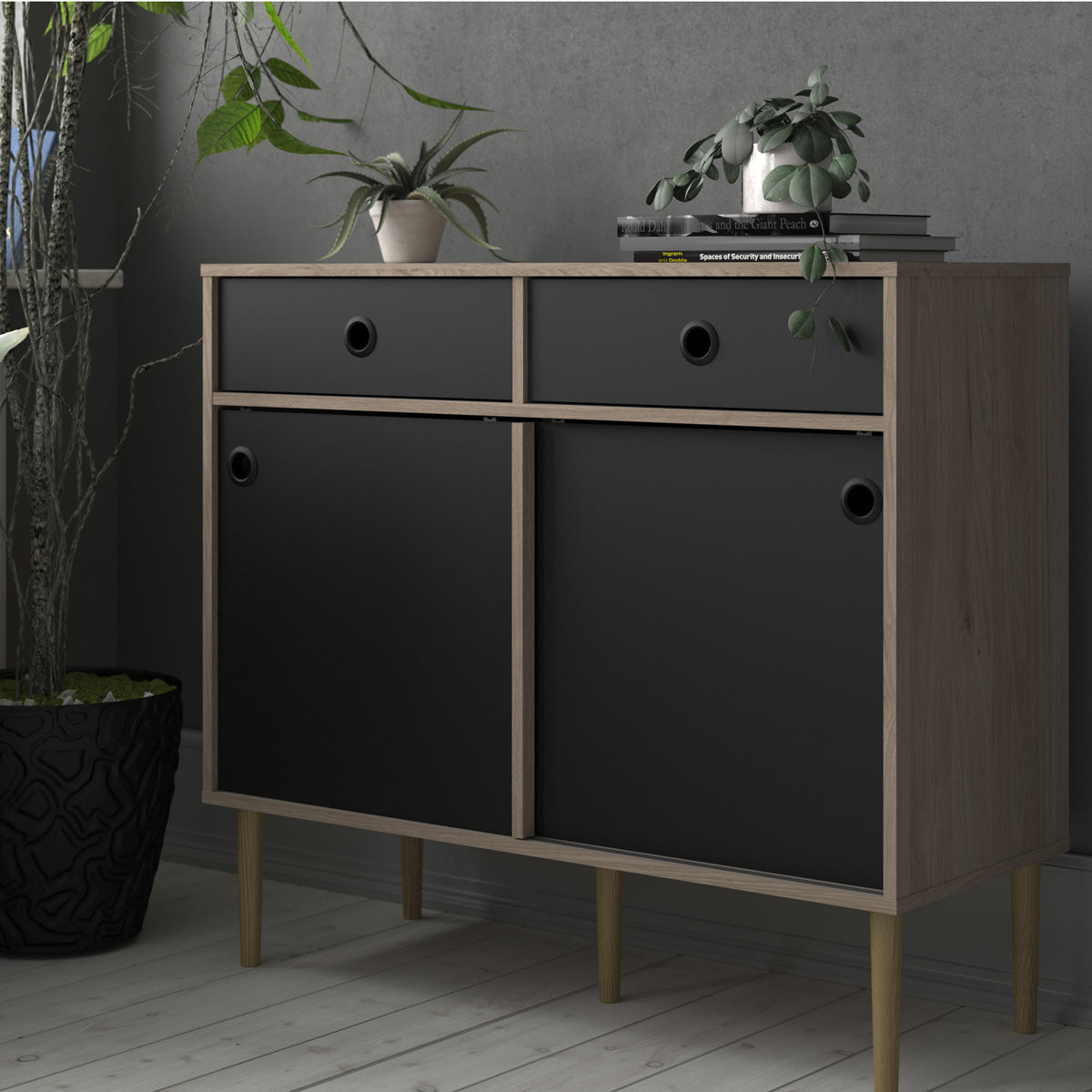 Wooden Sideboard With 2 Sliding Doors And 2 Drawers in Jackson Hickory Oak - Rome