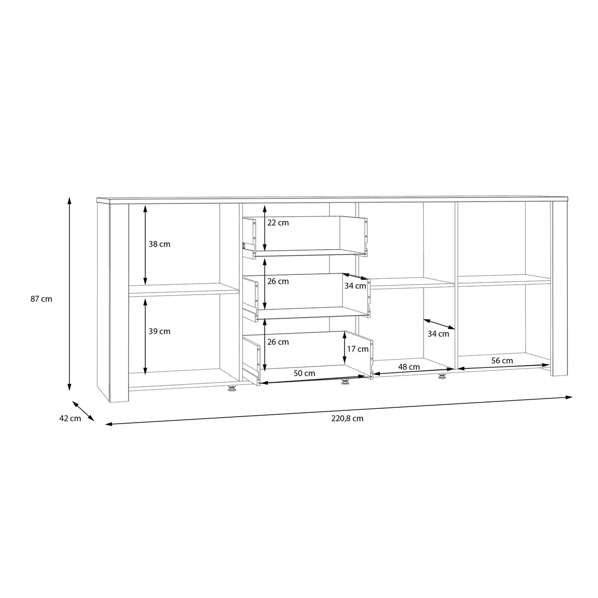 Wooden Sideboard Wide With 3 Doors And 3 Drawers - Bohol