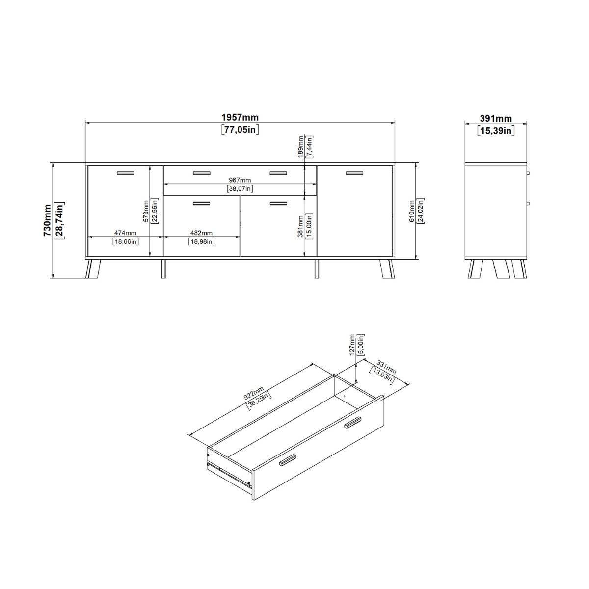 Wooden Sideboard With 4 Doors And 1 Drawer In White Fronts - Ikast