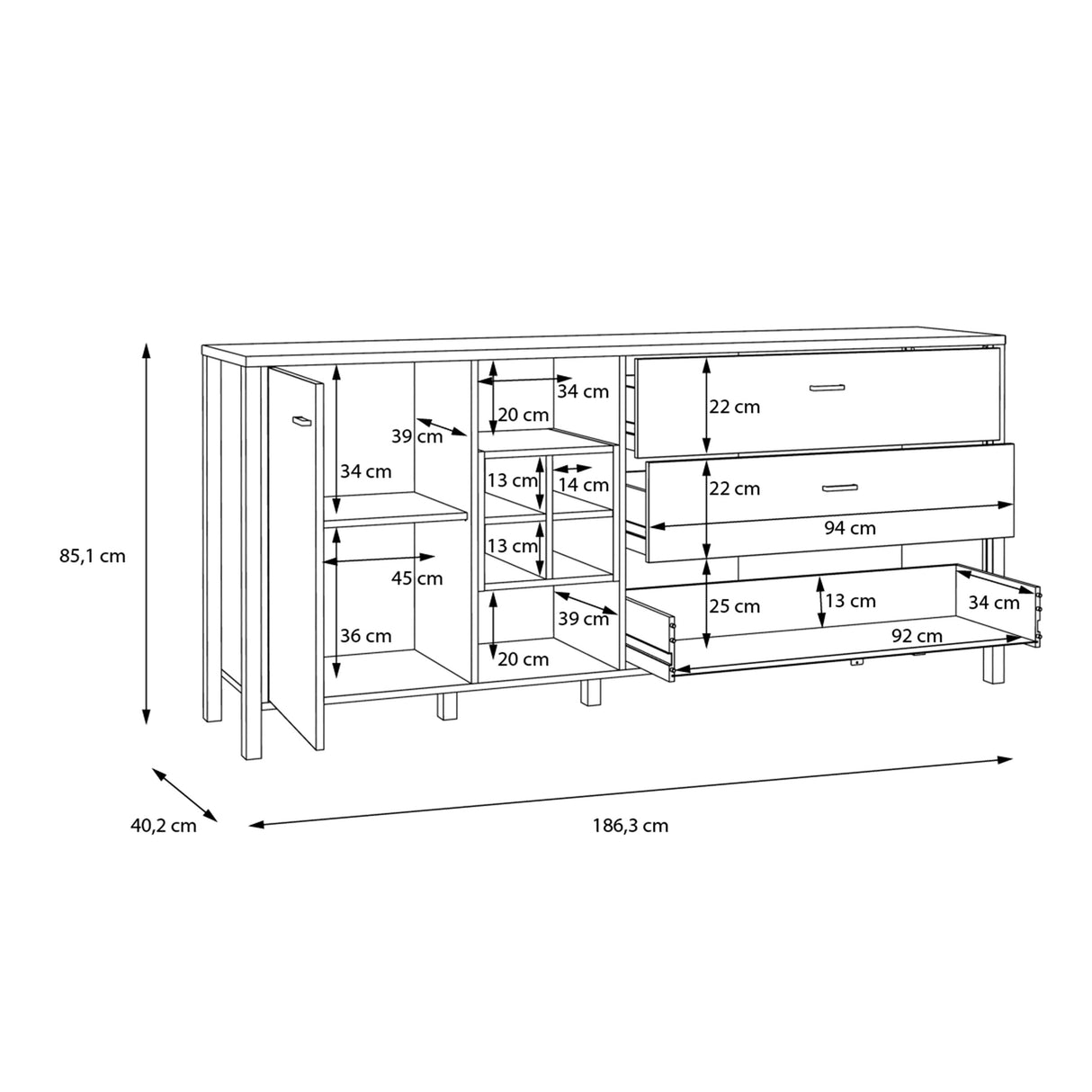 Wooden Sideboard Wide With 1 Door And 3 Drawers - High Rock