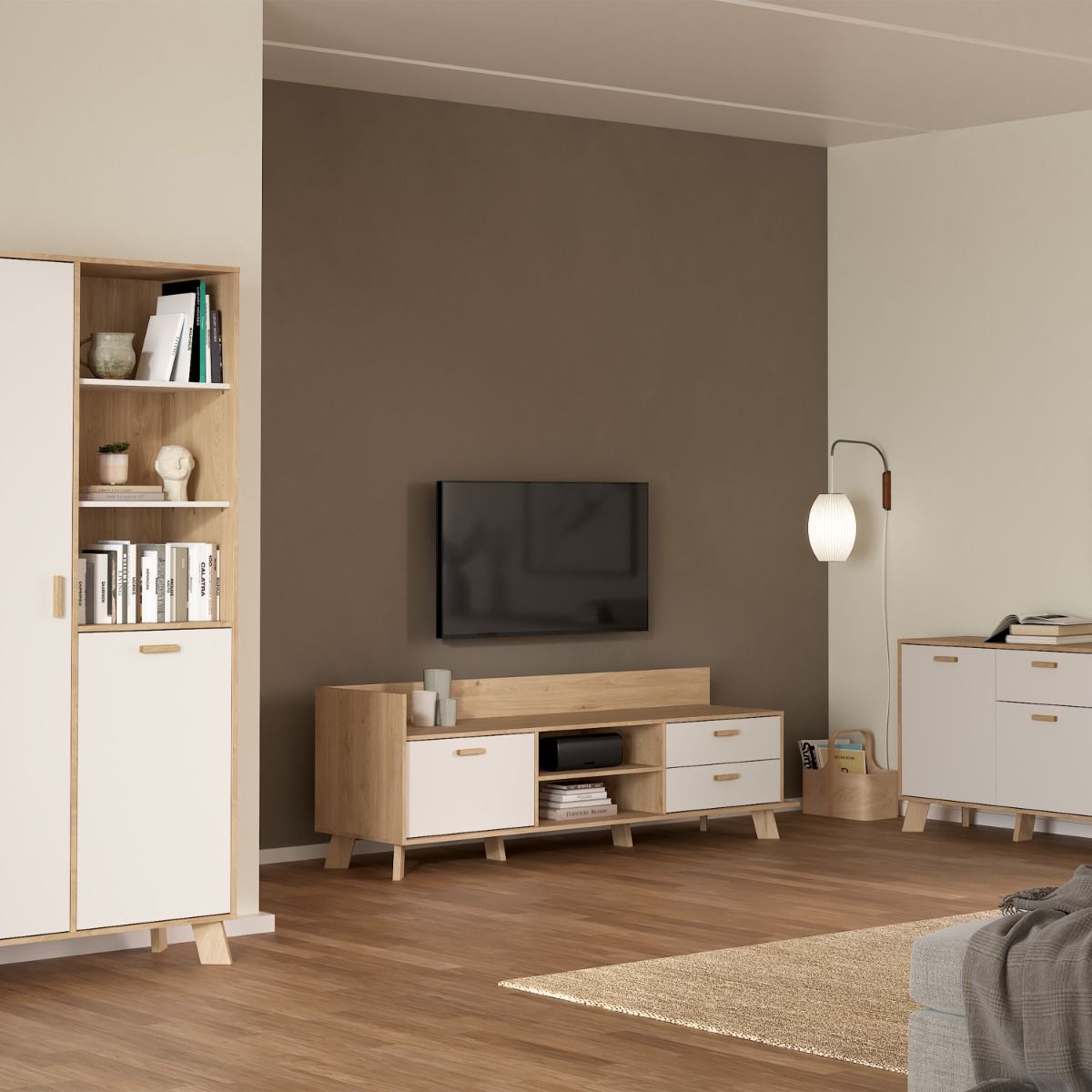 Wooden TV Stand With 2 Doors And 1 Drawer In White Fronts - Ikast