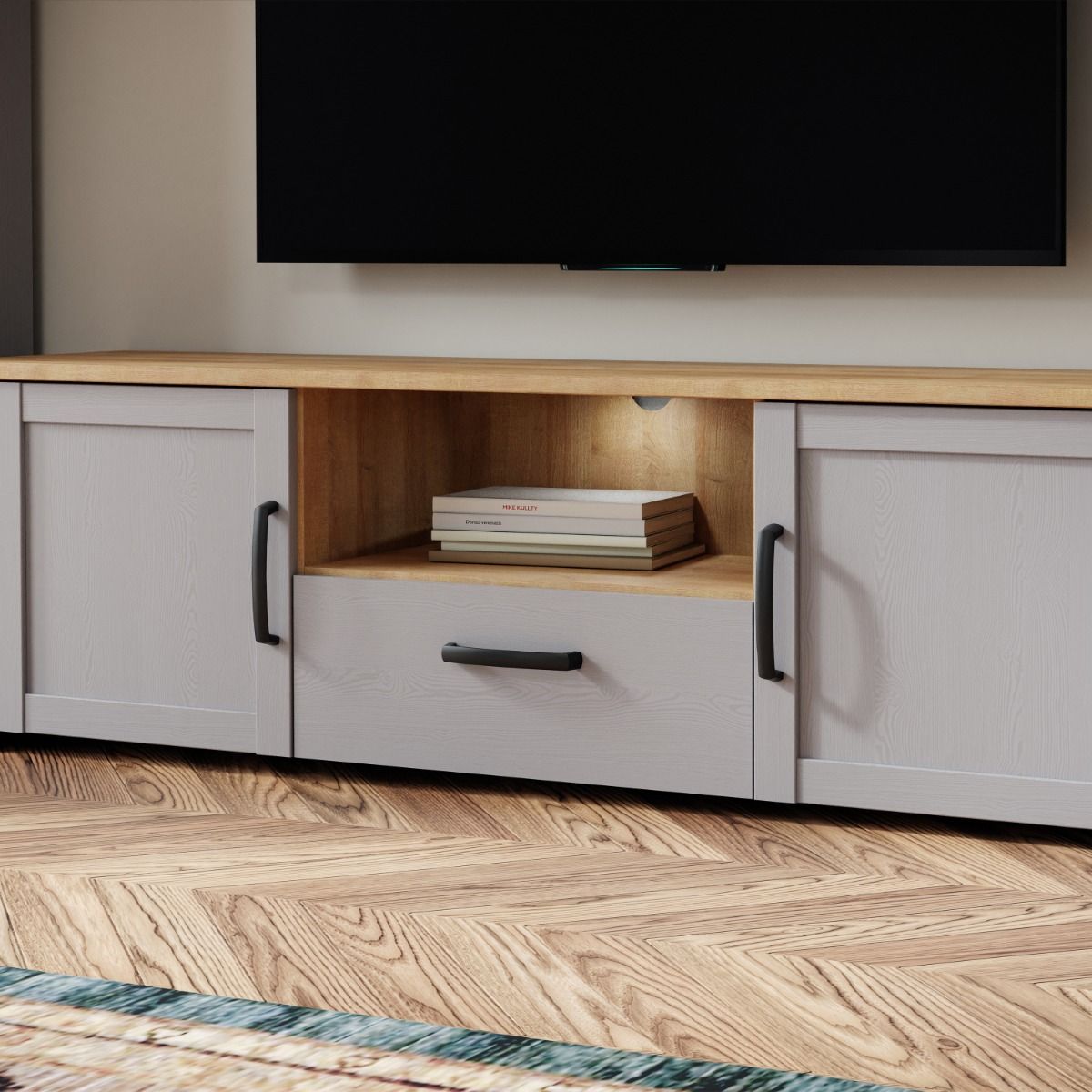 Wooden TV Stand With 2 Doors 1 Drawer With LED Lights - Bohol