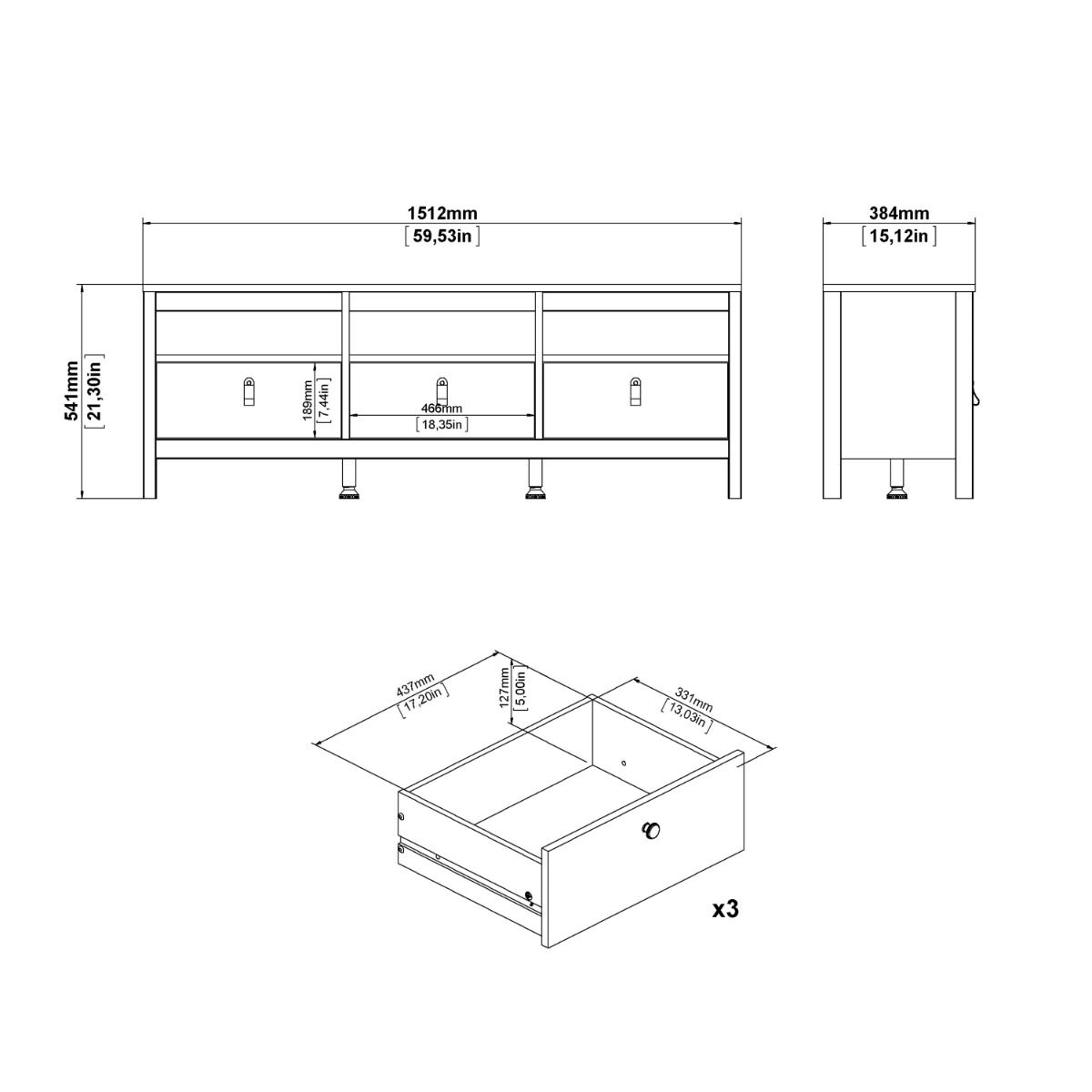 Wooden TV Stand With 3 Drawers - Barcelona