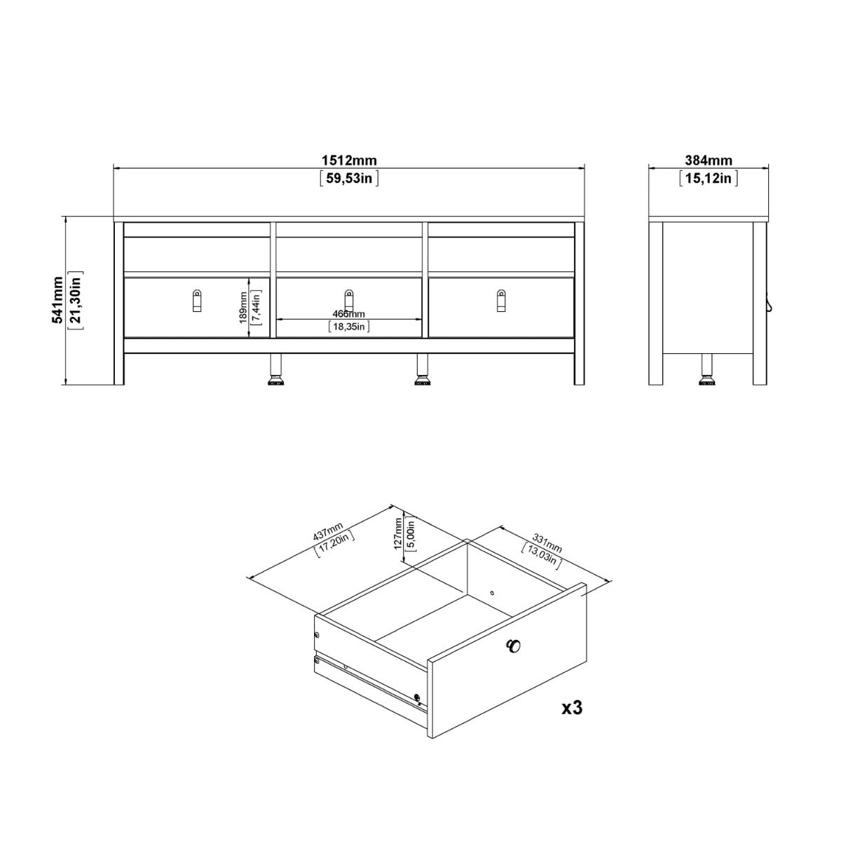 Wooden TV Stand With 3 Drawers - Barcelona